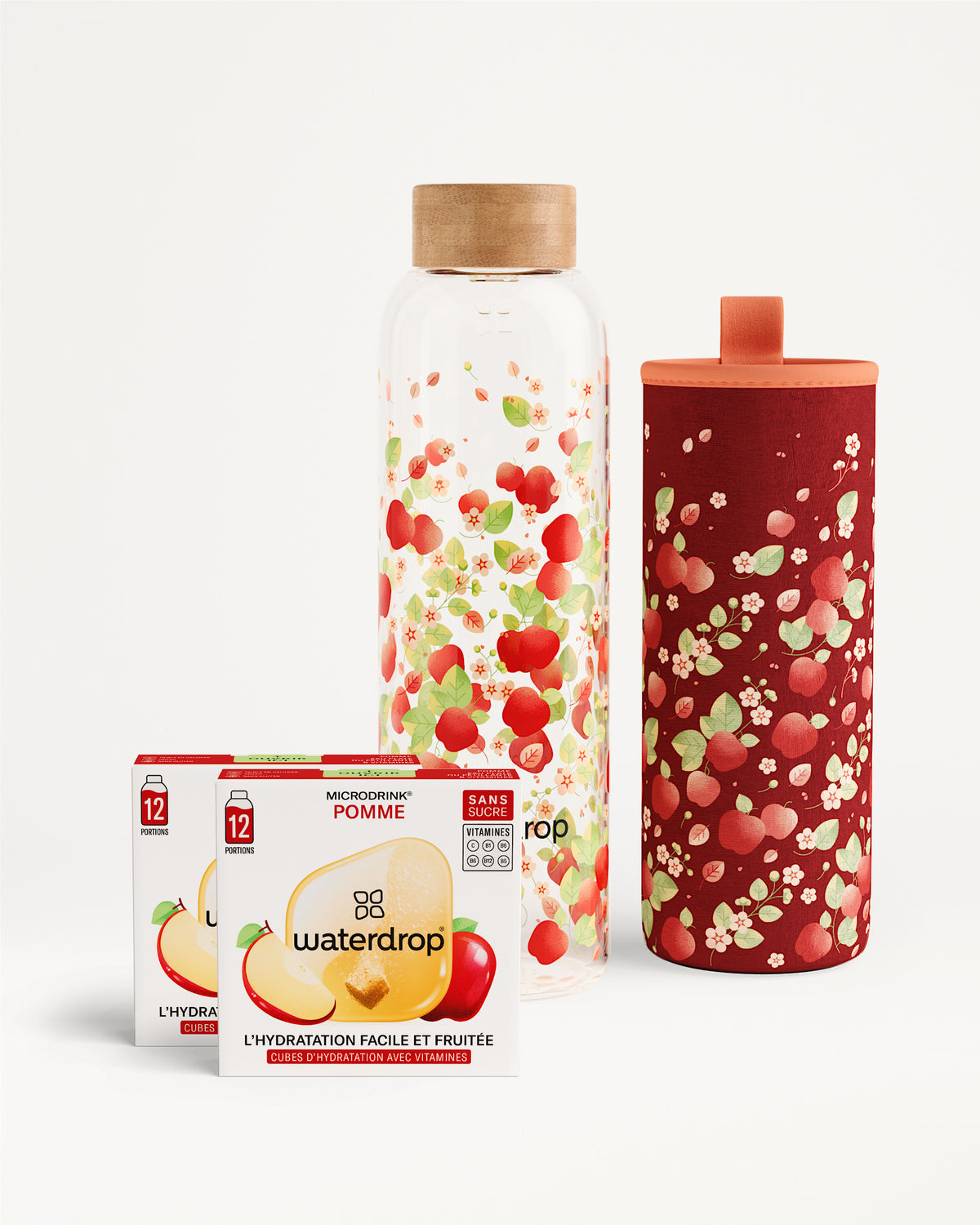 Coffret Bouteille POMME with apple-flavored hydration cubes.