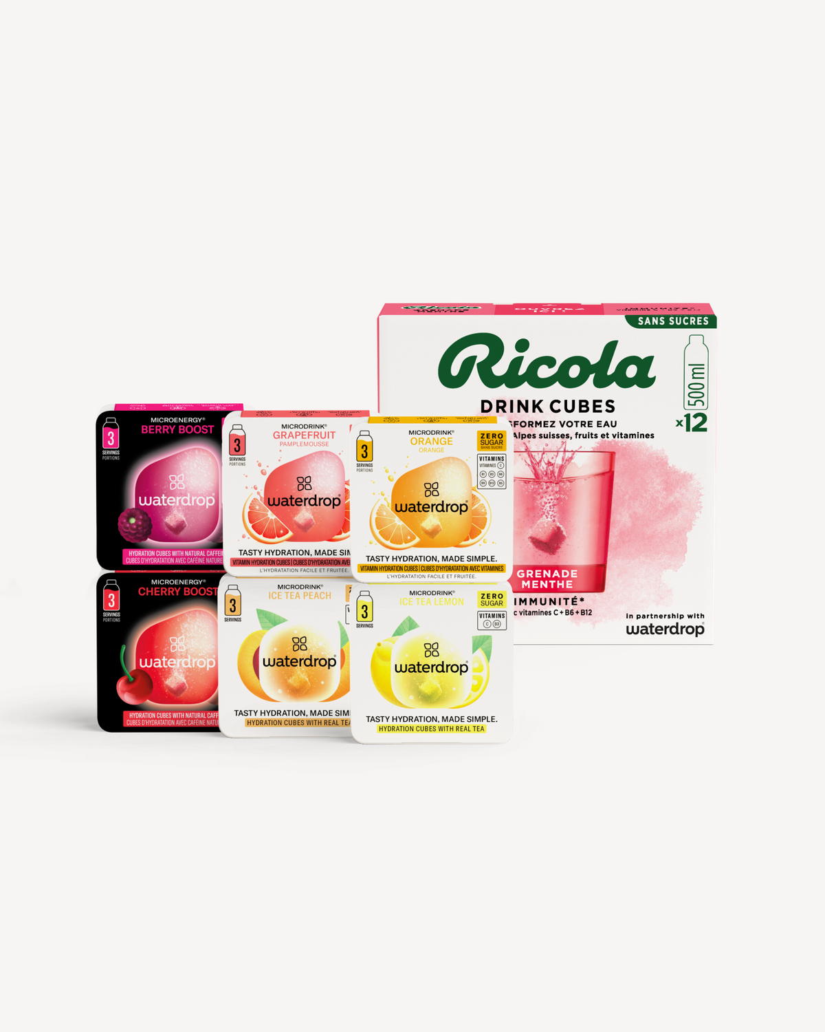 Coffret Dégustation waterdrop® x Ricola drink cubes assortment.