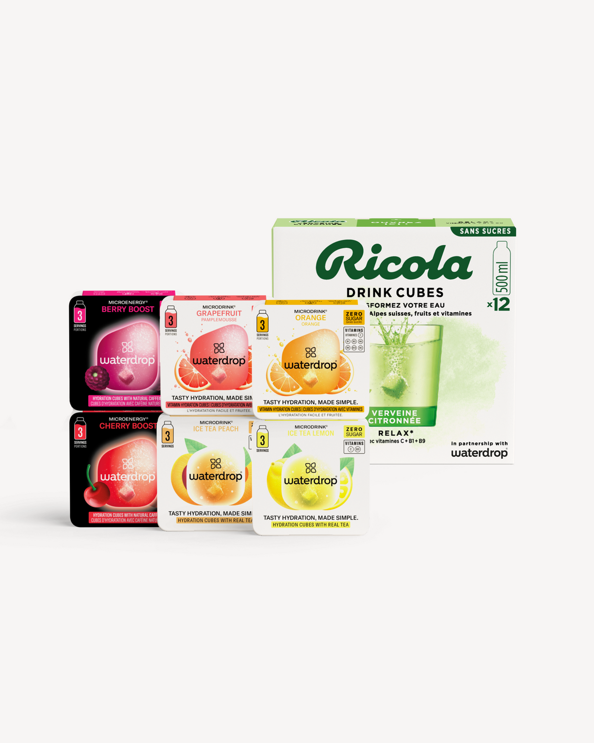 Coffret Dégustation waterdrop® x Ricola drink cube assortment.