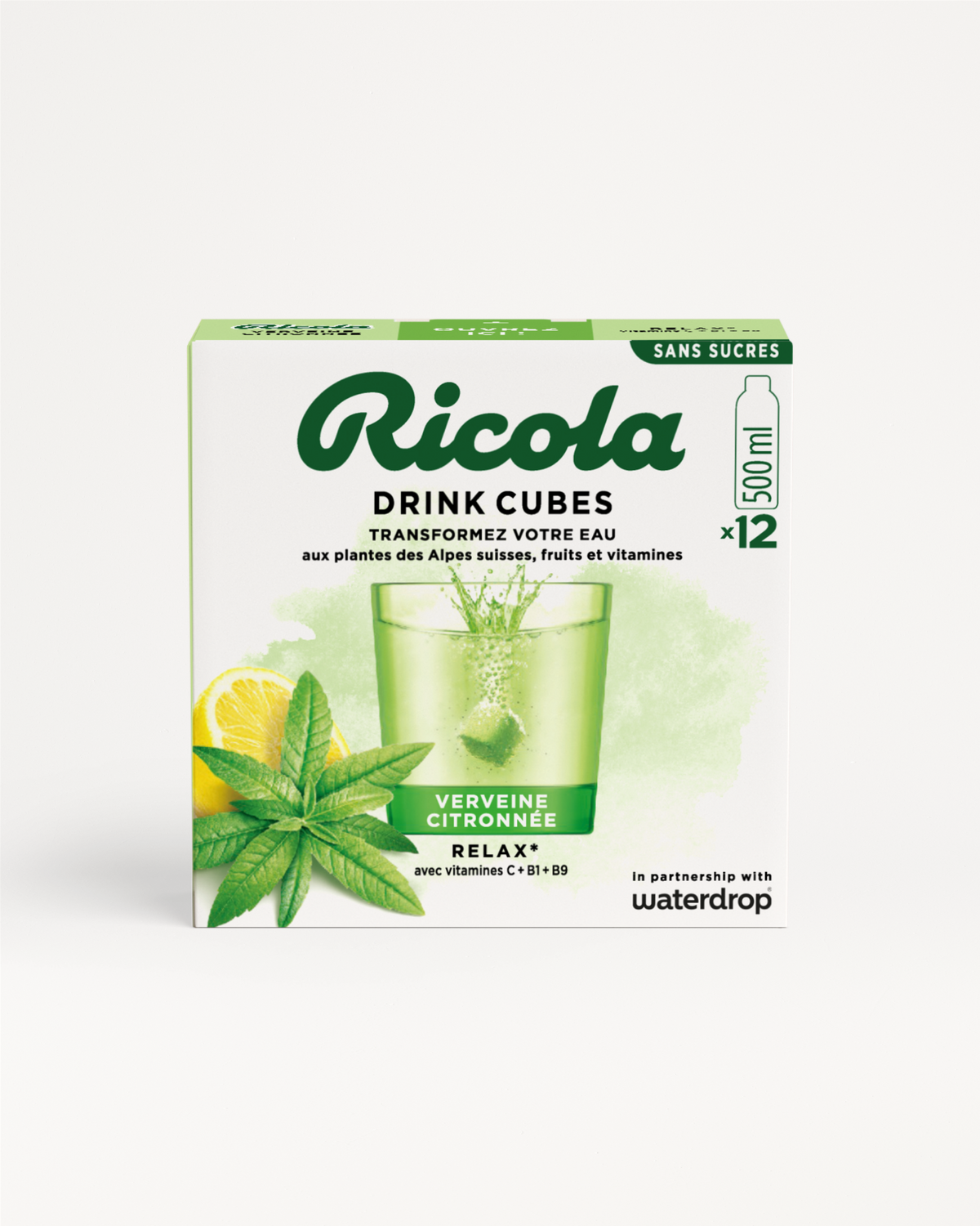 Ricola Verveine Citronnée drink cubes, sugar-free hydration enhancer.