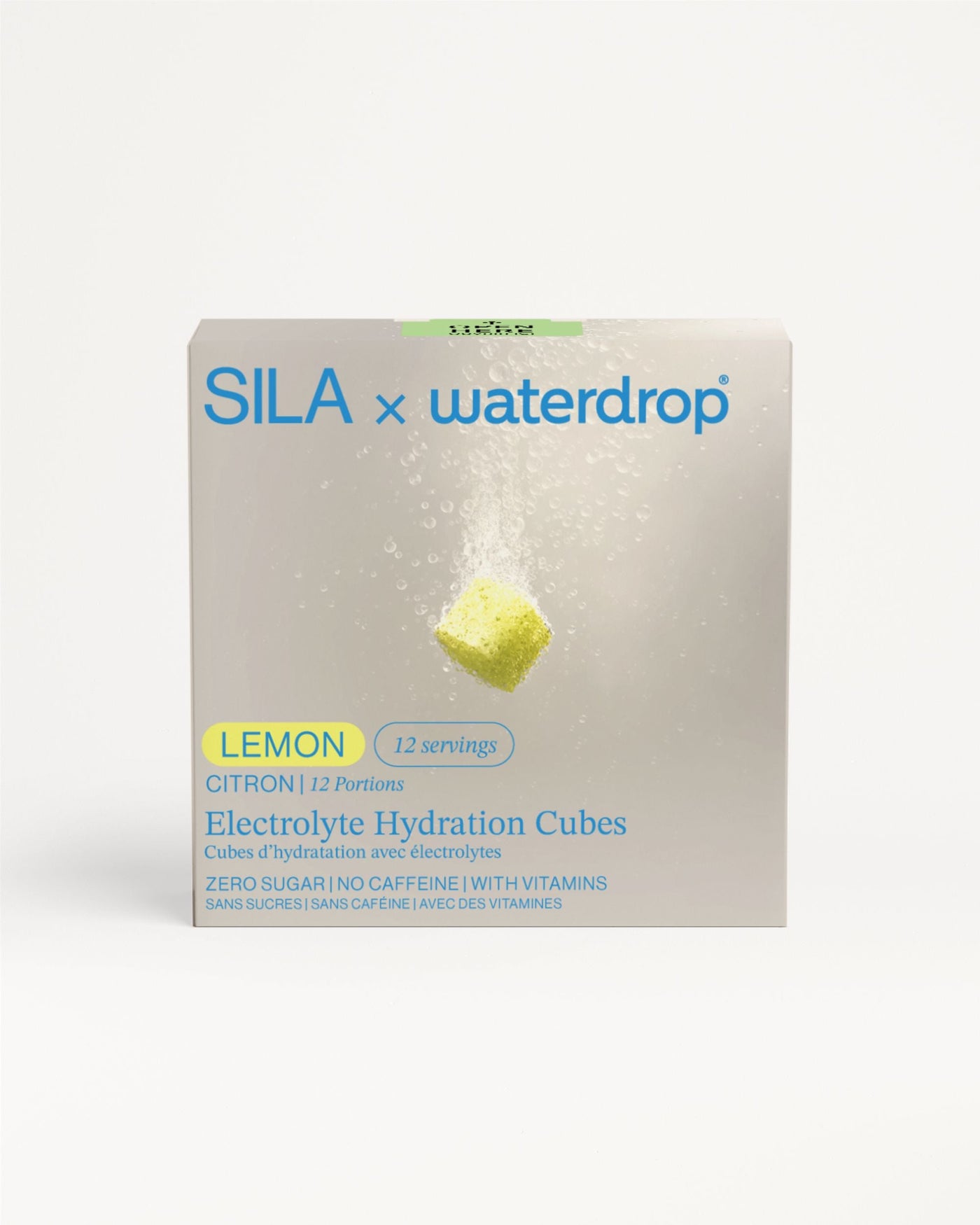 SILA Citron Electrolyte Hydration Cubes box with dissolving cube.