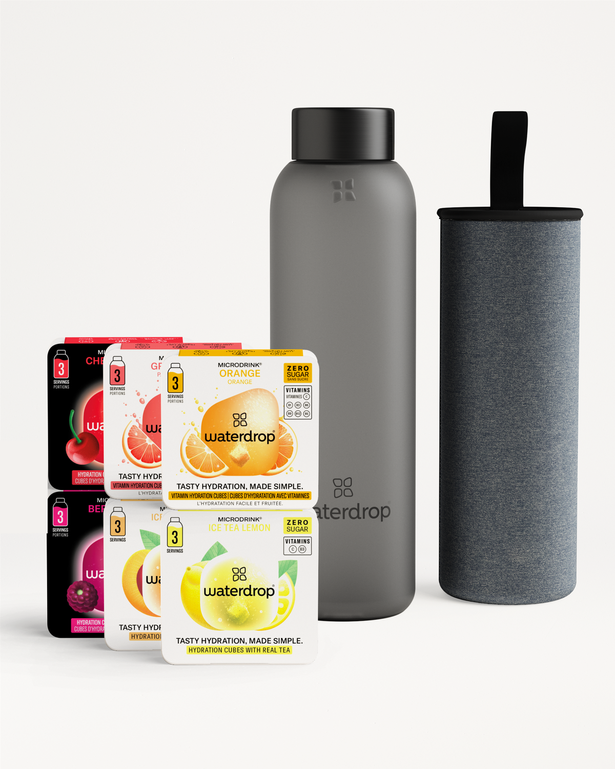 Coffret Dégustation Verre: hydration cubes, glass bottle, sleeve.