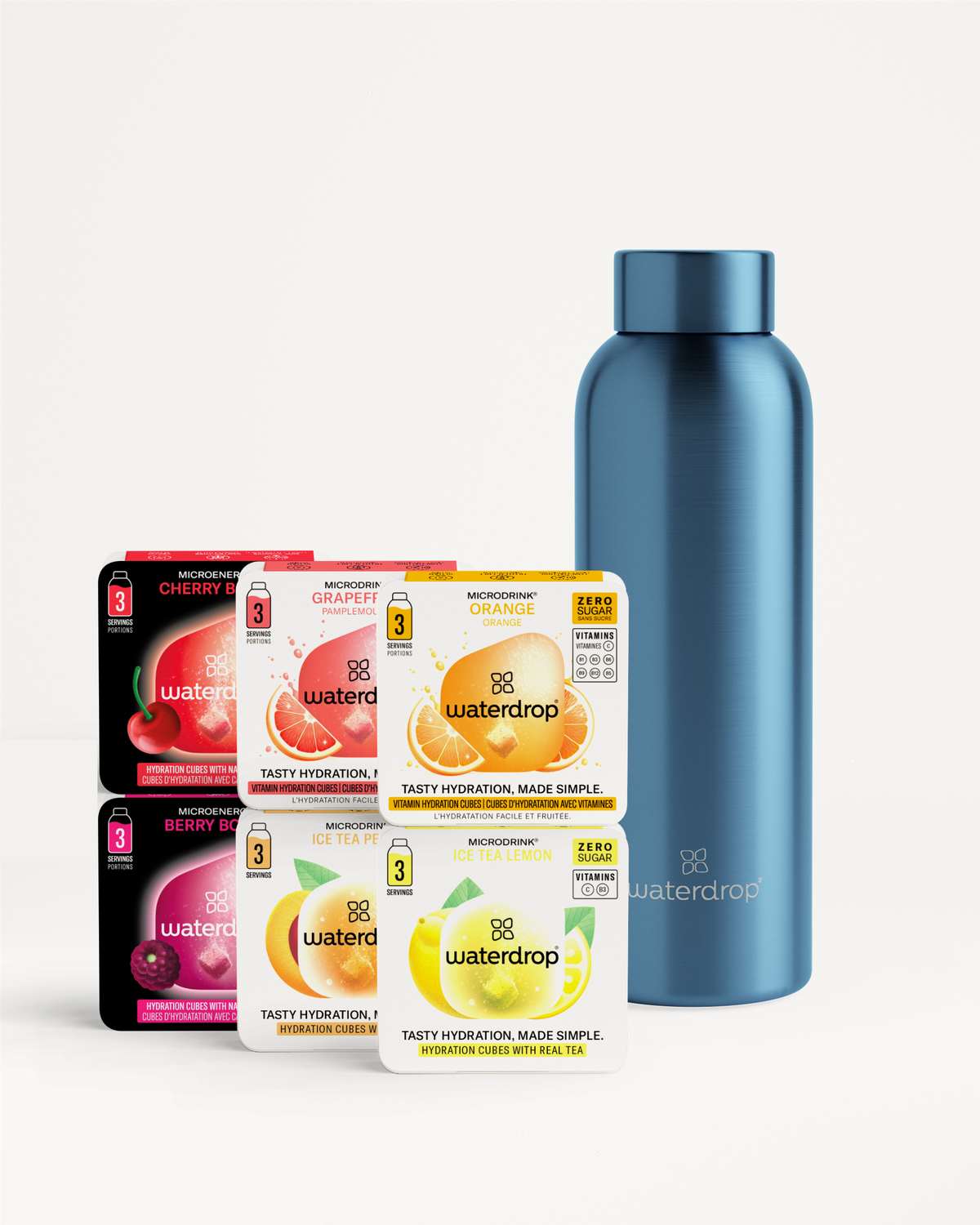 Starter Set Microdrink Thermo Steel with five flavor packs and bottle.