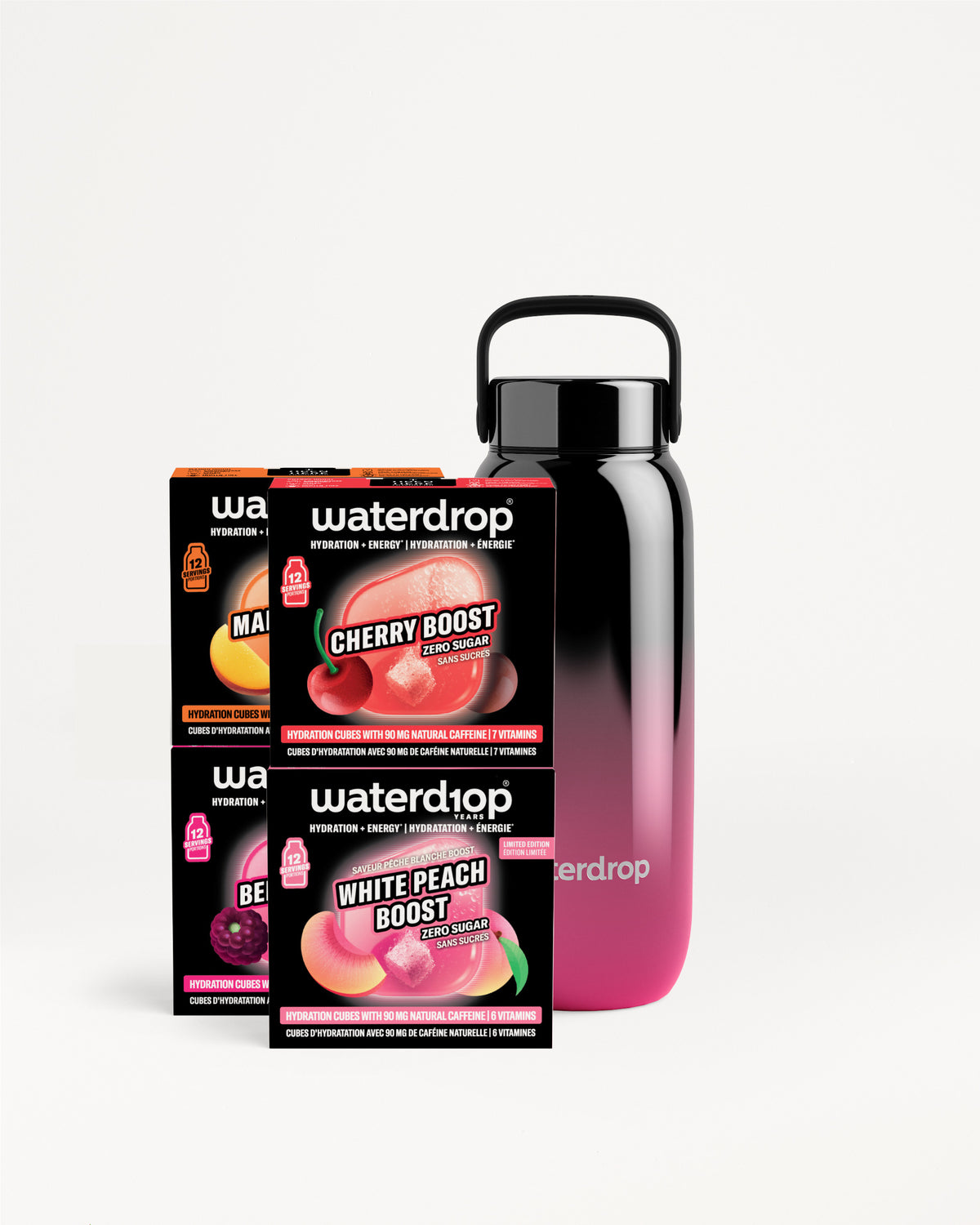 Ensemble d boosters de goût Waterdrop et une bouteille dégradée rose à noir.