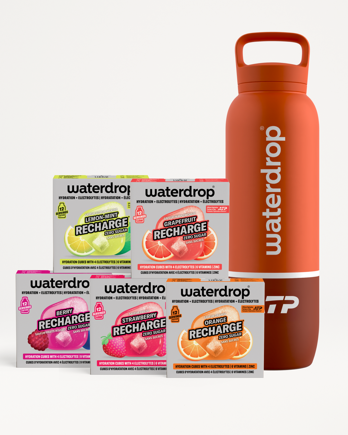 Boîtes de saveurs Waterdrop Recharge assorties avec une gourde orange réutilisable.