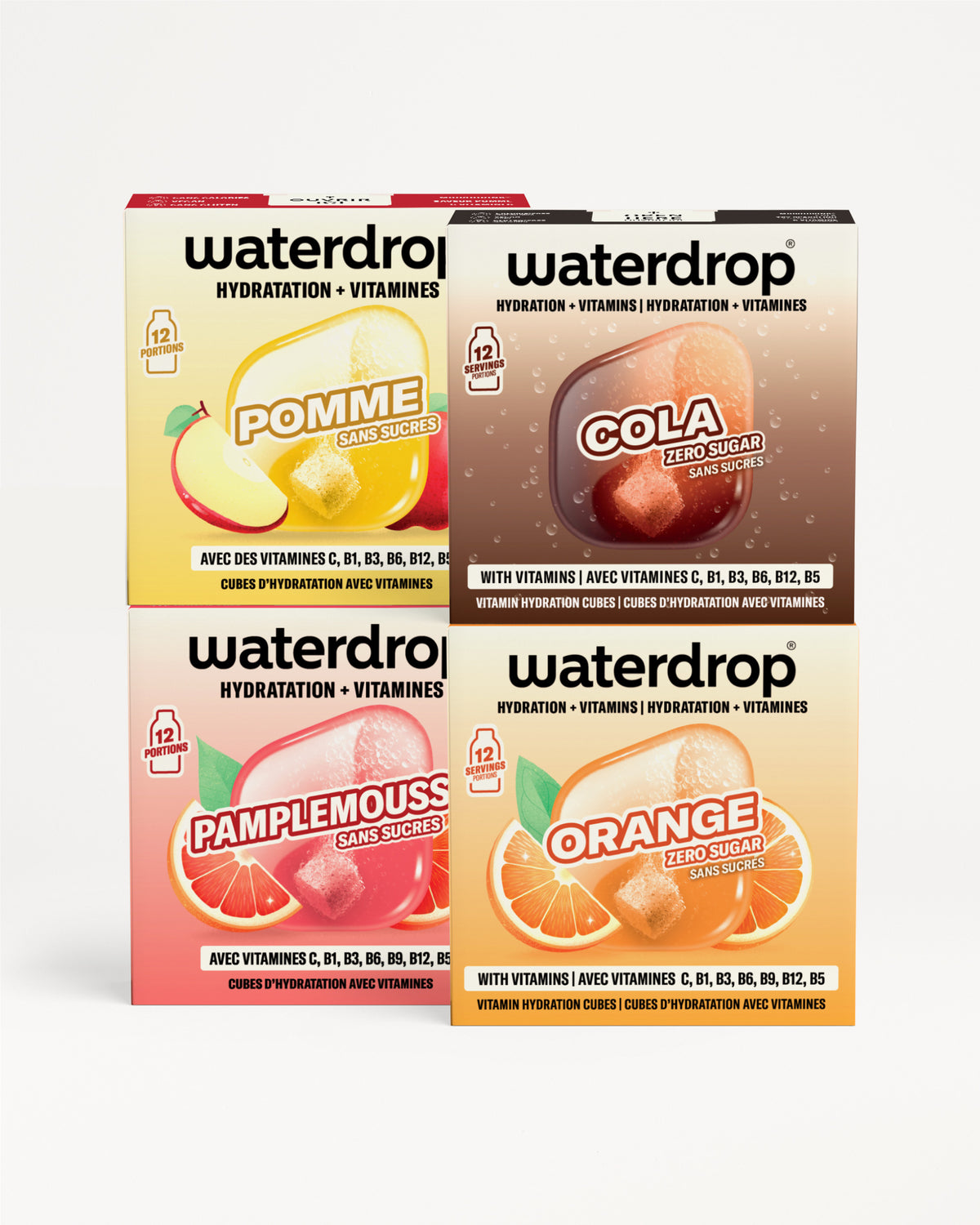 Quatre boîtes Waterdrop hydratation et vitamines disposées en grille 2x2 avec des emballages colorés.