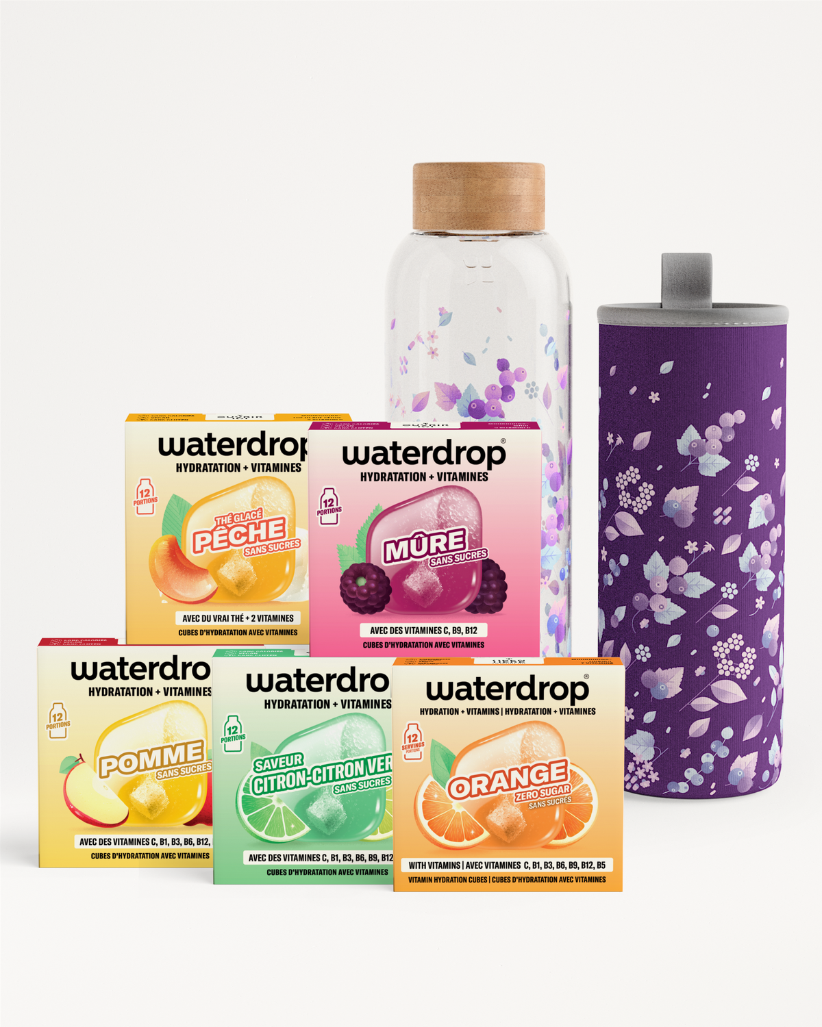Boîtes variées Waterdrop de cubes aromatisés avec une bouteille en verre et une housse isolante violette.