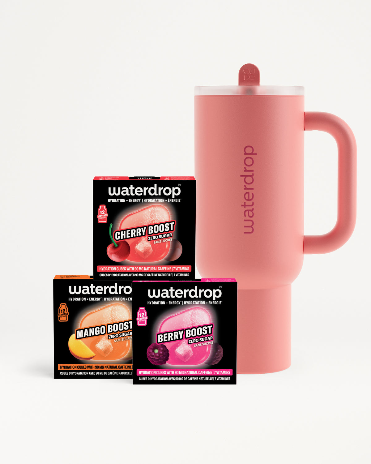 Bouteille rose avec poignée à côté de trois boîtes noires Waterdrop boosters de saveur.
