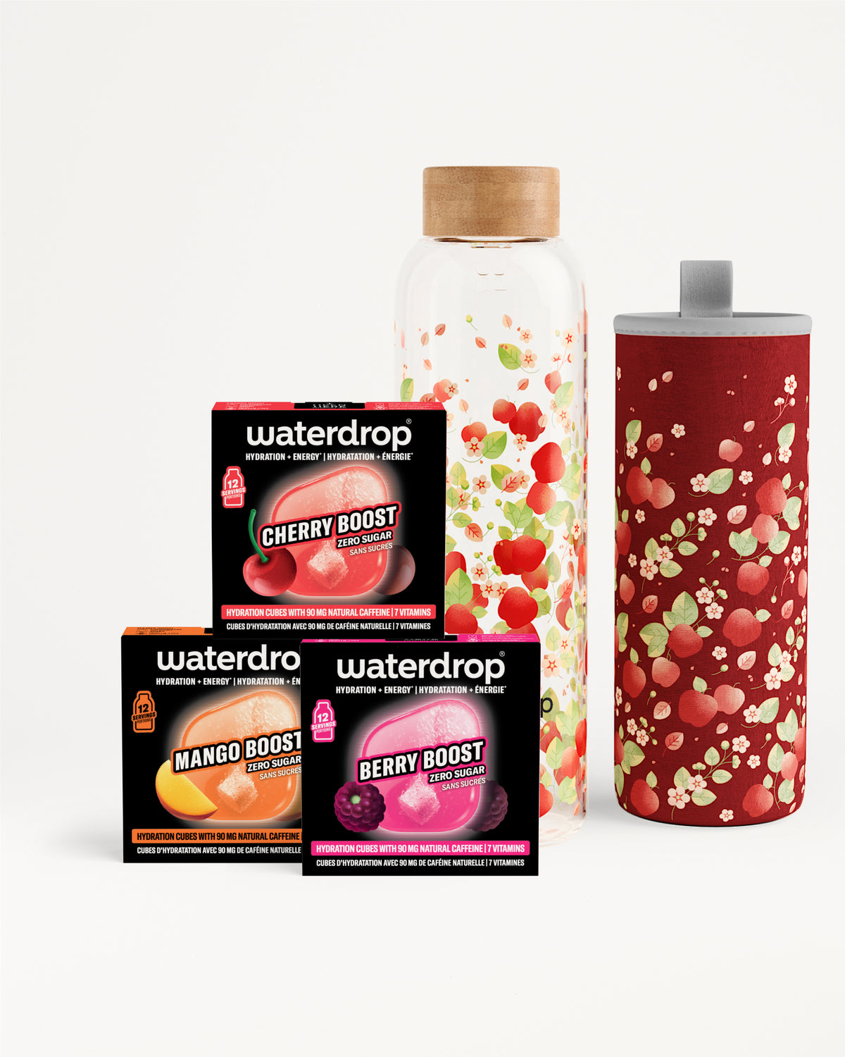 Assortiment de boosters de saveur Waterdrop avec une bouteille en verre et un gobelet rouge.