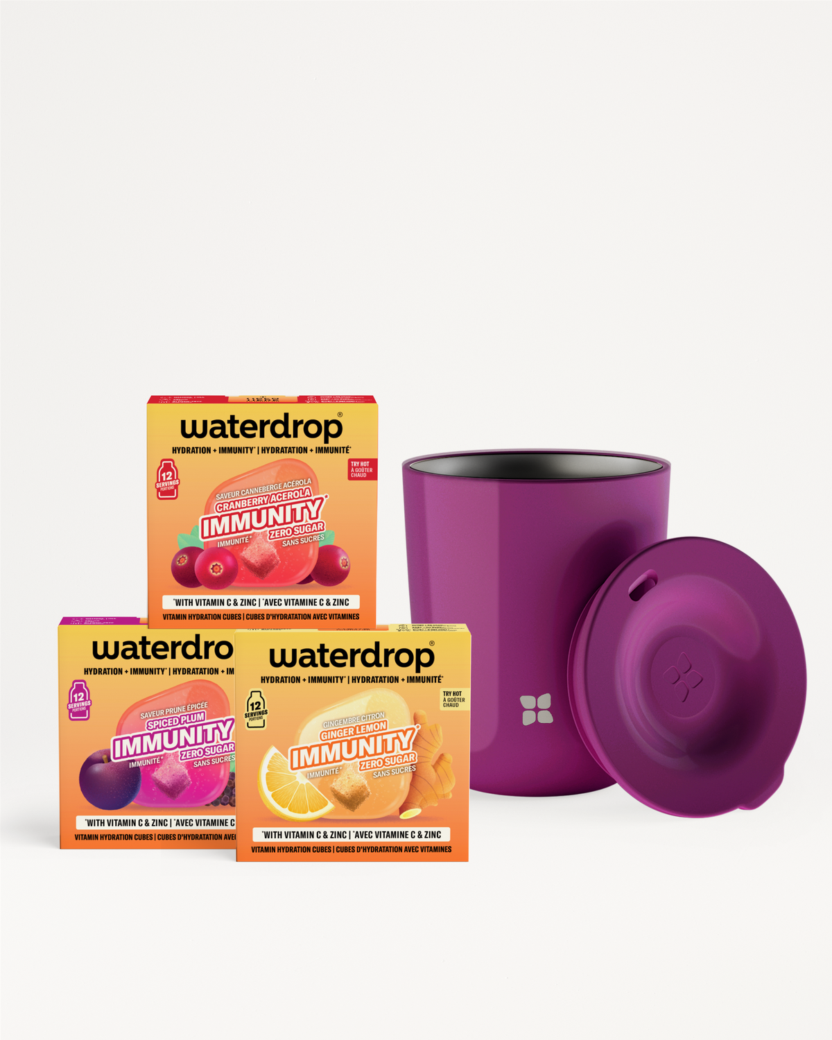 Trois boîtes Waterdrop Immunity avec une tasse isolante violette et son couvercle.