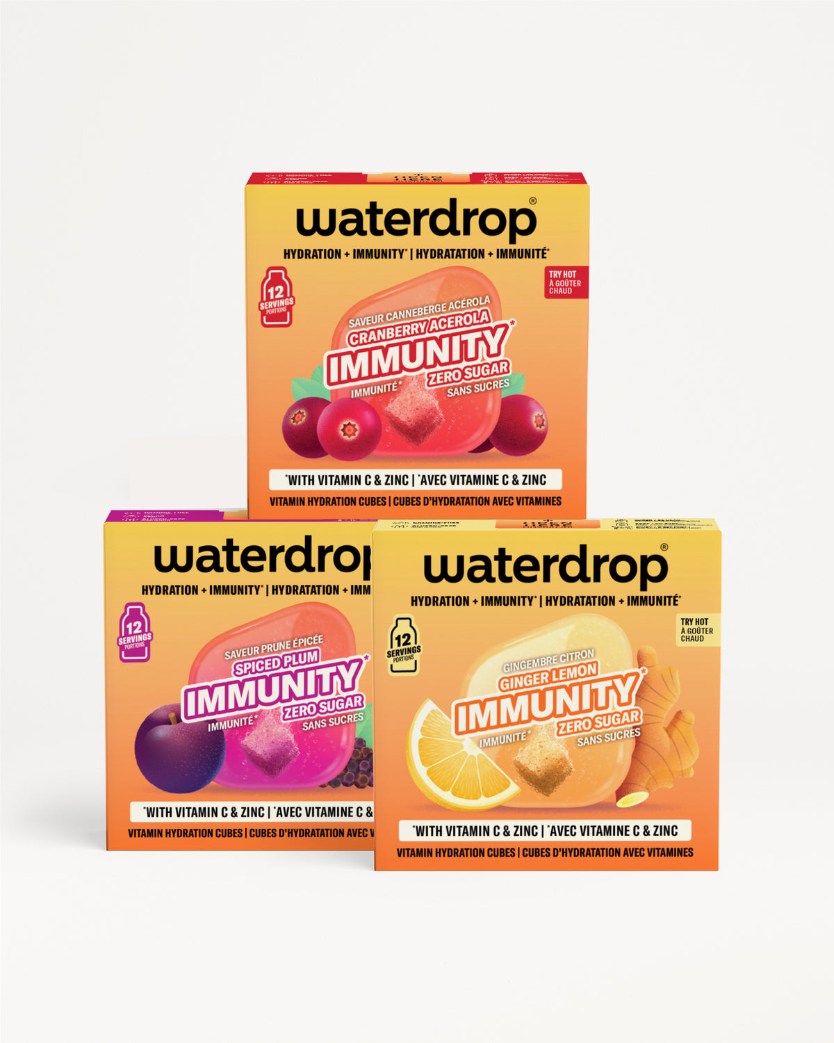 Trois boîtes Waterdrop Immunity empilées en pyramide sur fond blanc.