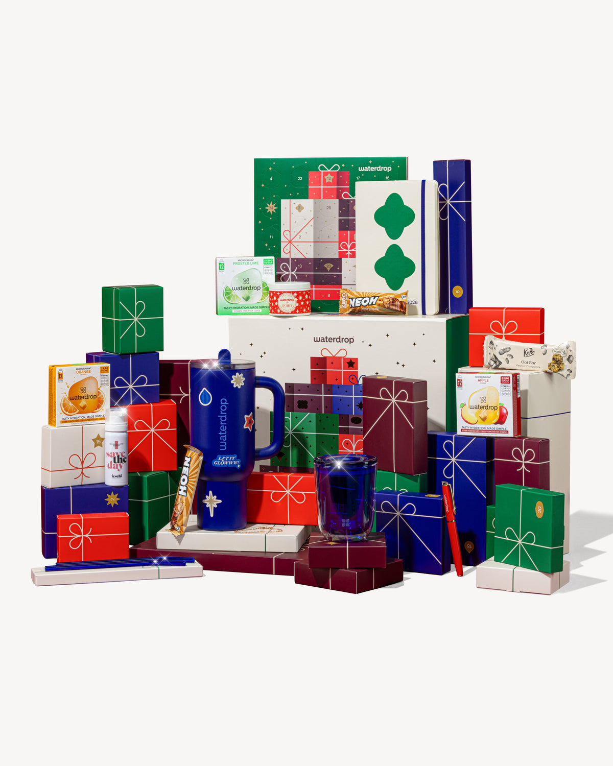 Waterdrop Coffret Calendrier de l’avent with drinks, drinkware, and snacks.