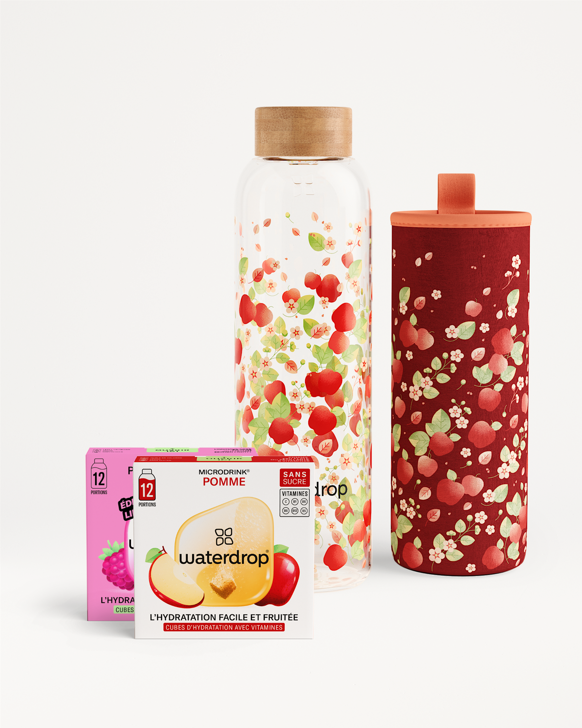Coffret Bouteille POMME with apple microdrinks and bottle.