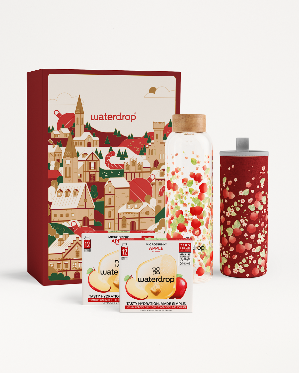 Waterdrop “Apple” microdrink gift set: festive box, cubes, bottle, sleeve.