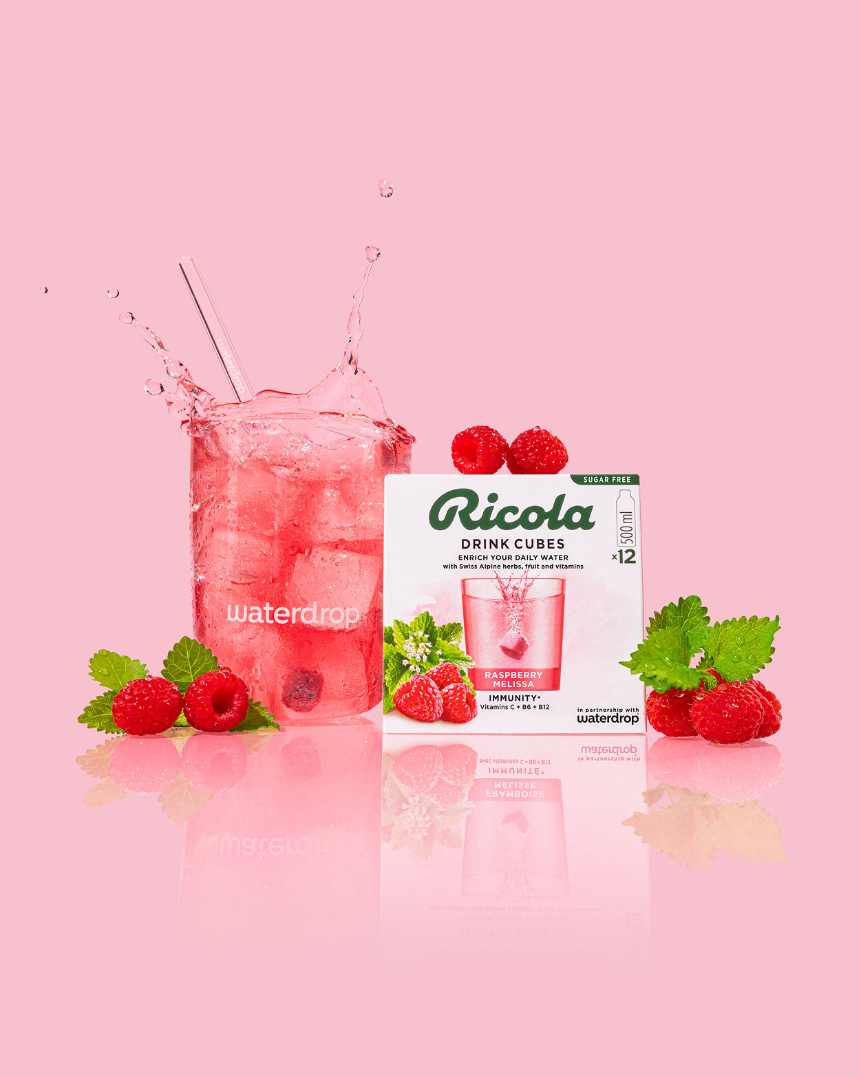 Coffret Cadeau Verre Ricola with Raspberry Melissa cubes.