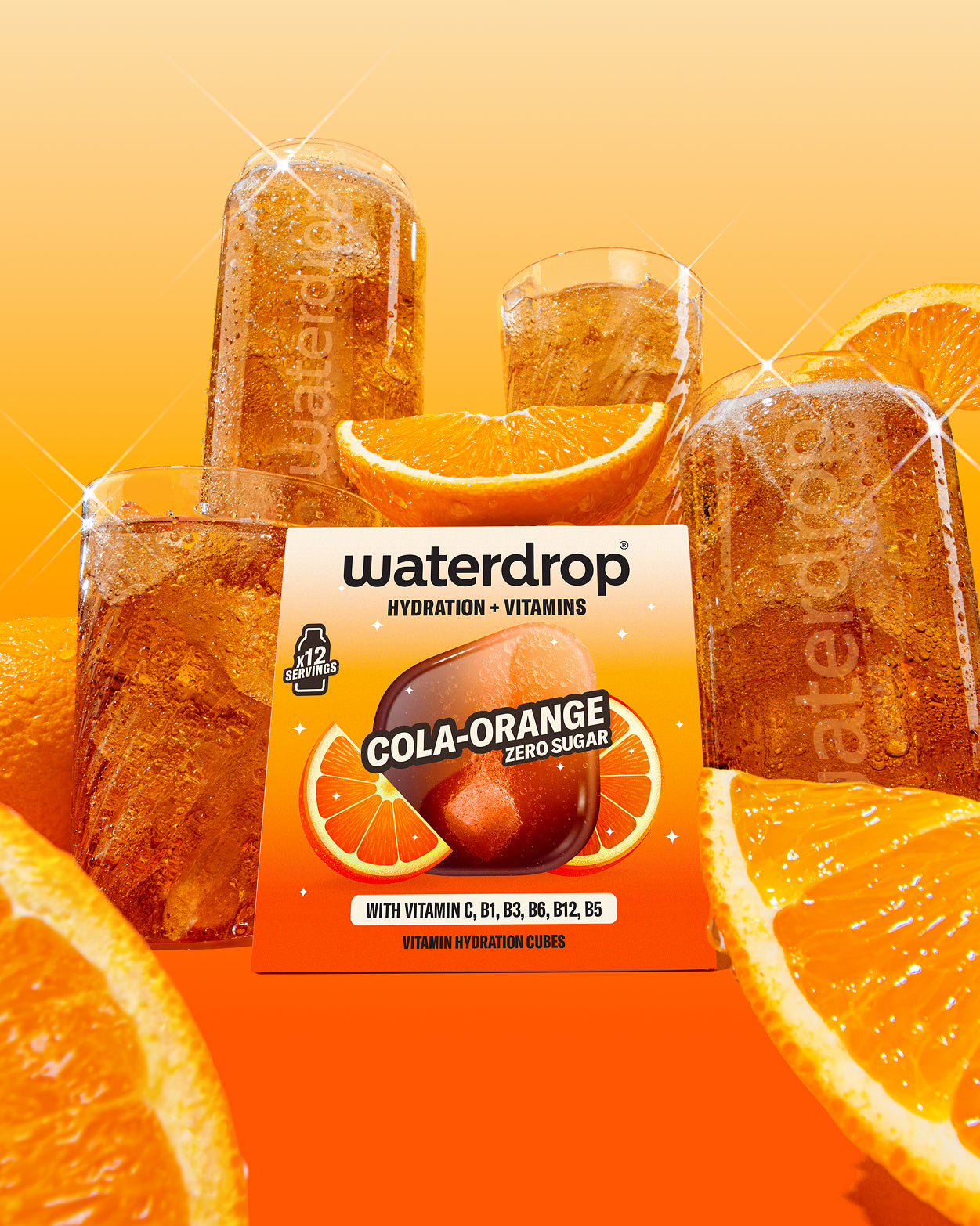 3+1 COLA ORANGE hydration cubes with vitamin-rich, zero-sugar drink.