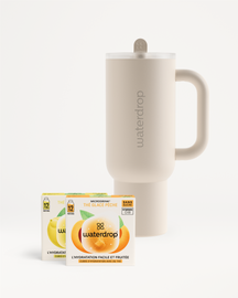 Coffret Mode Détente: Waterdrop travel mug with peach and lemon tea packs.