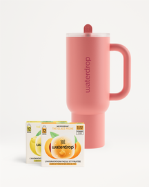 Coffret Mode Détente: coral-pink tumbler, Iced Peach Tea cubes.