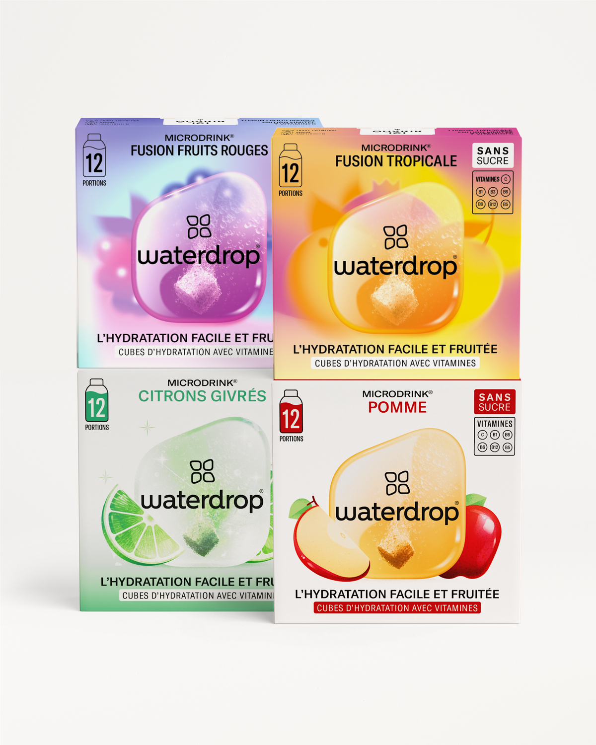 Coffret estival en édition limitée: four fruit-flavored hydration cube boxes.