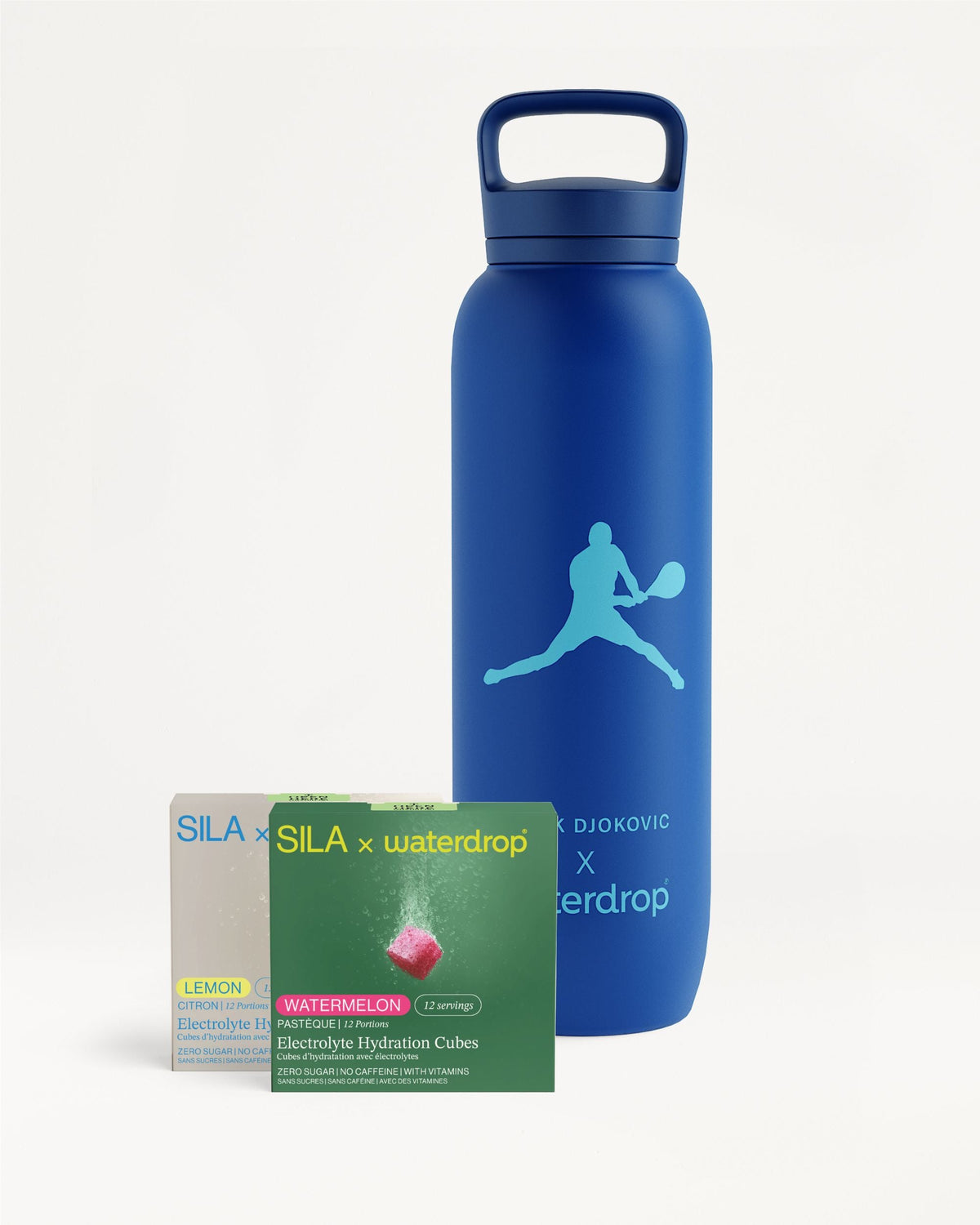 Coffret Gourde SILA: Matte-blue bottle with hydration cubes.