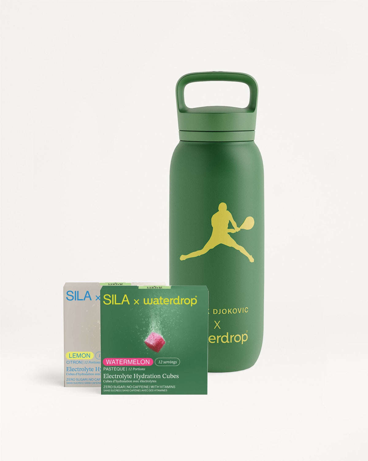 Coffret Gourde SILA with Djokovic water bottle and hydration cubes.