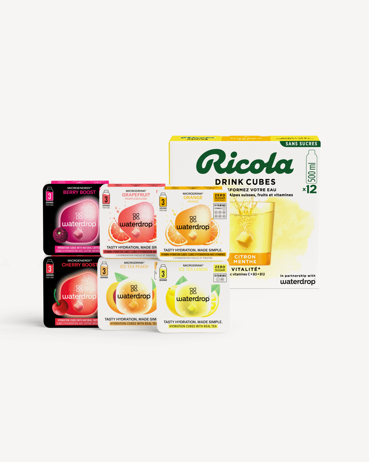 Coffret Dégustation waterdrop® x Ricola hydration cubes assortment.
