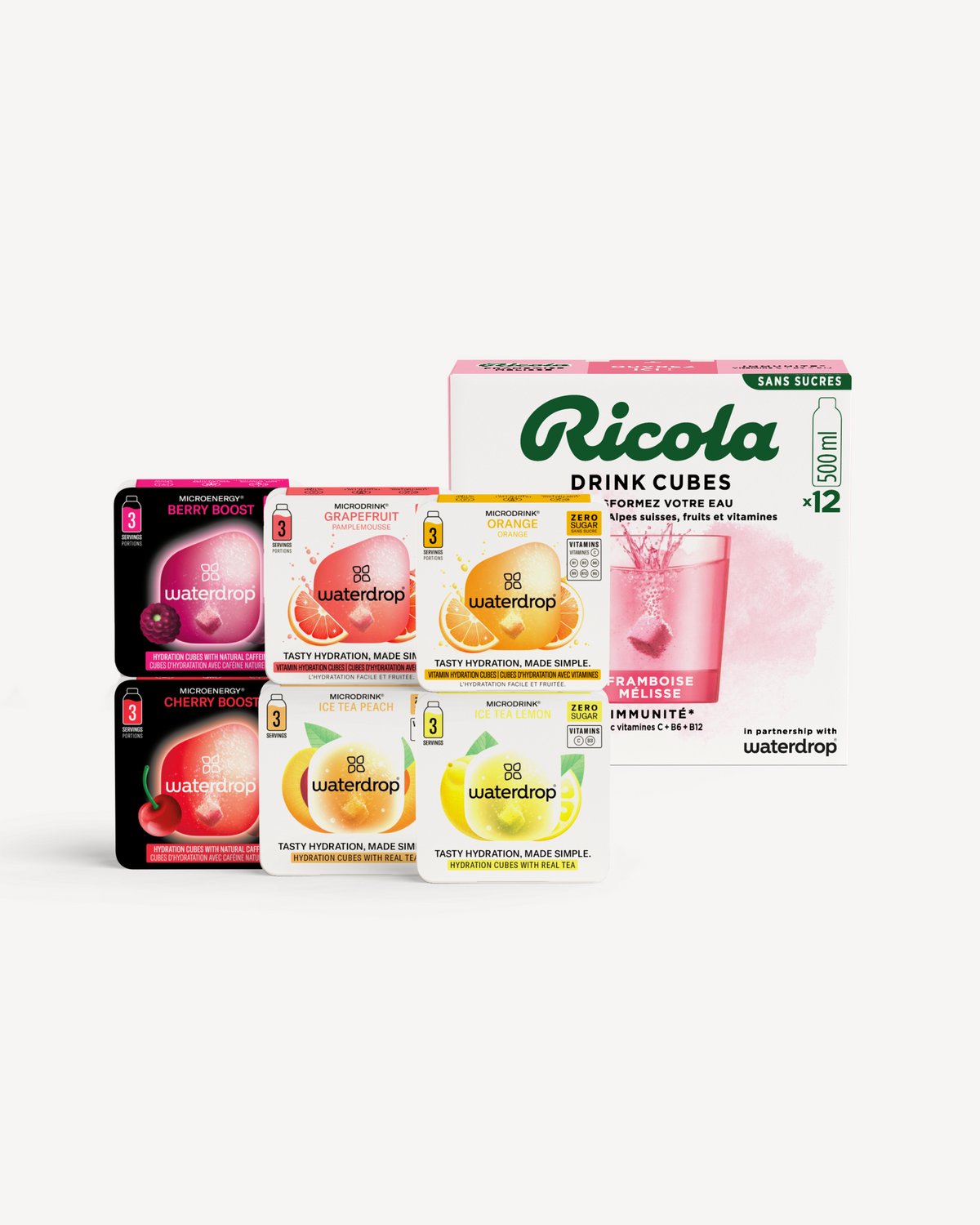 Coffret Dégustation waterdrop® x Ricola hydration and drink cubes.