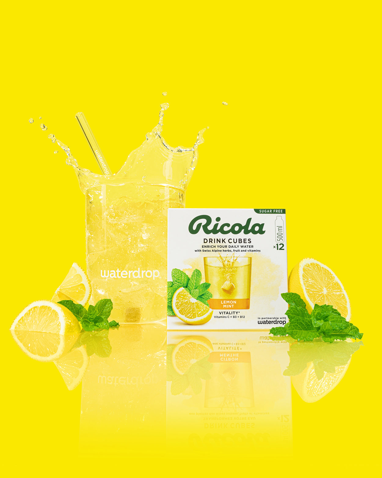 Ricola Discovery Set with sparkling water and lemon mint cubes.