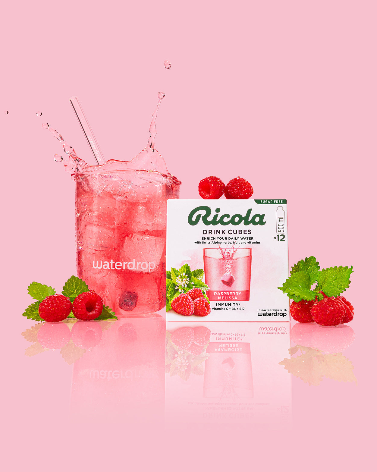 Ricola Discovery Set with Raspberry Melissa drink and cubes.