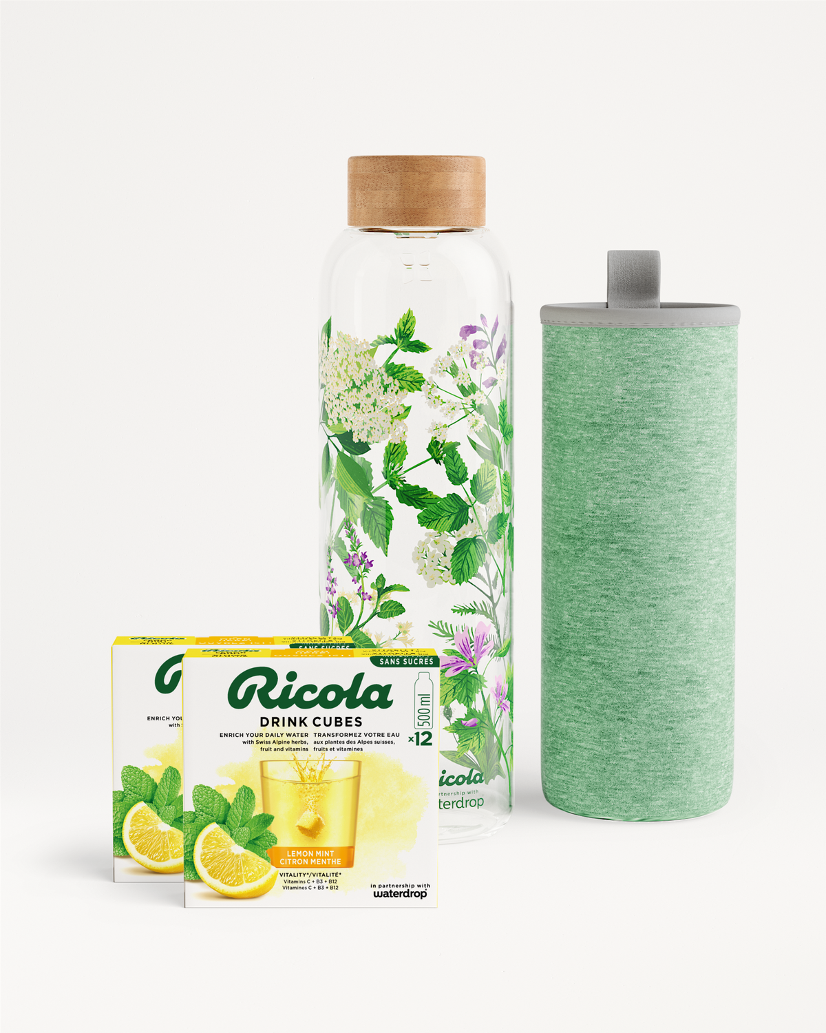 Coffret Bouteille Double Pack Ricola with glass bottle and sleeve.
