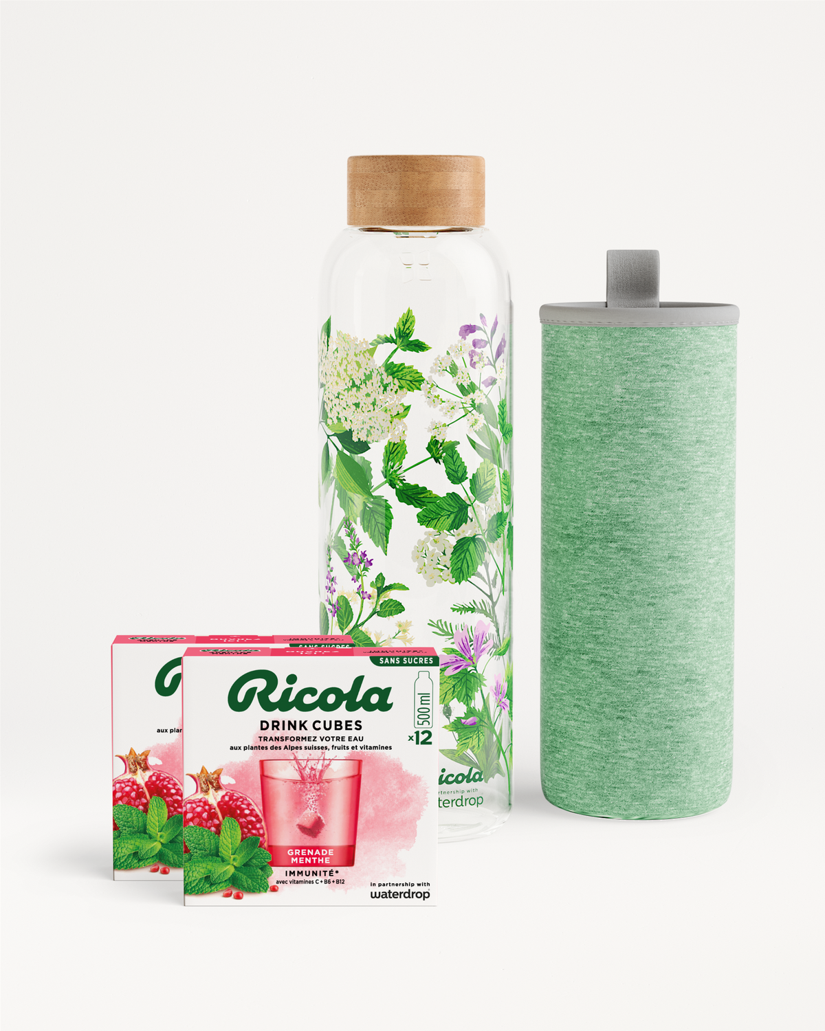 Coffret Bouteille Ricola hydration set with cubes and glass bottle.