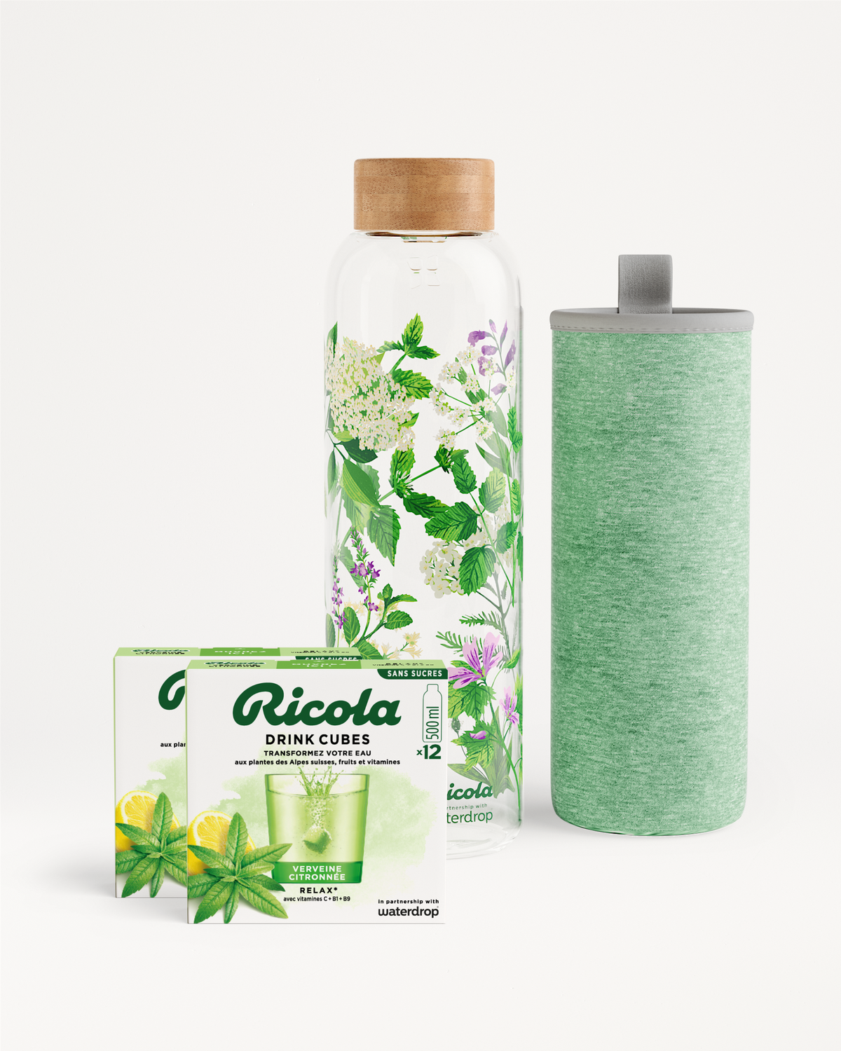 Coffret Bouteille Ricola with drink cubes and bottle.