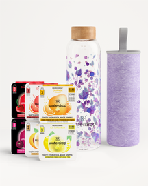 Coffret Dégustation Verre with hydration cubes and glass bottle.