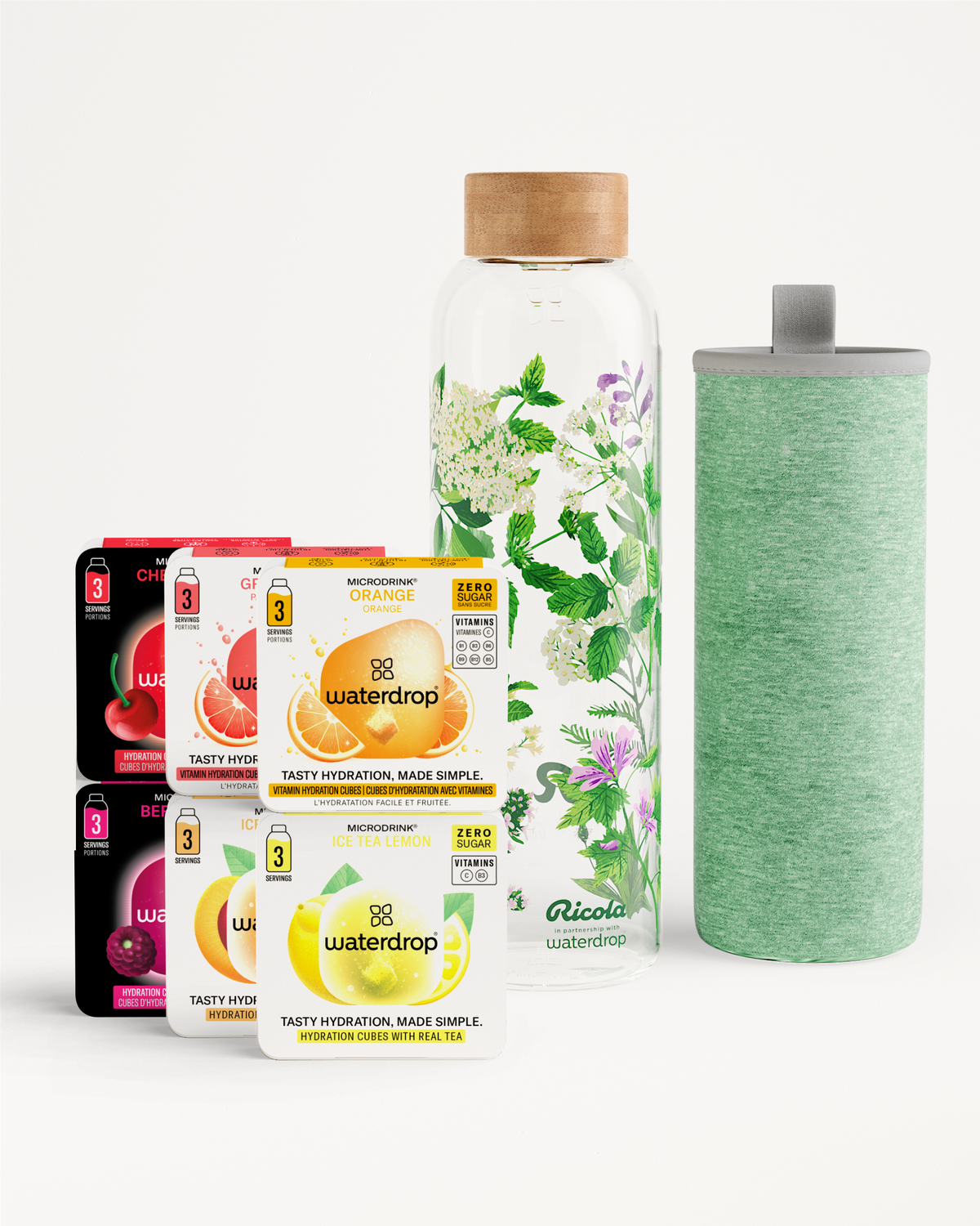 Coffret Dégustation Verre: hydration cubes, glass bottle, sleeve.