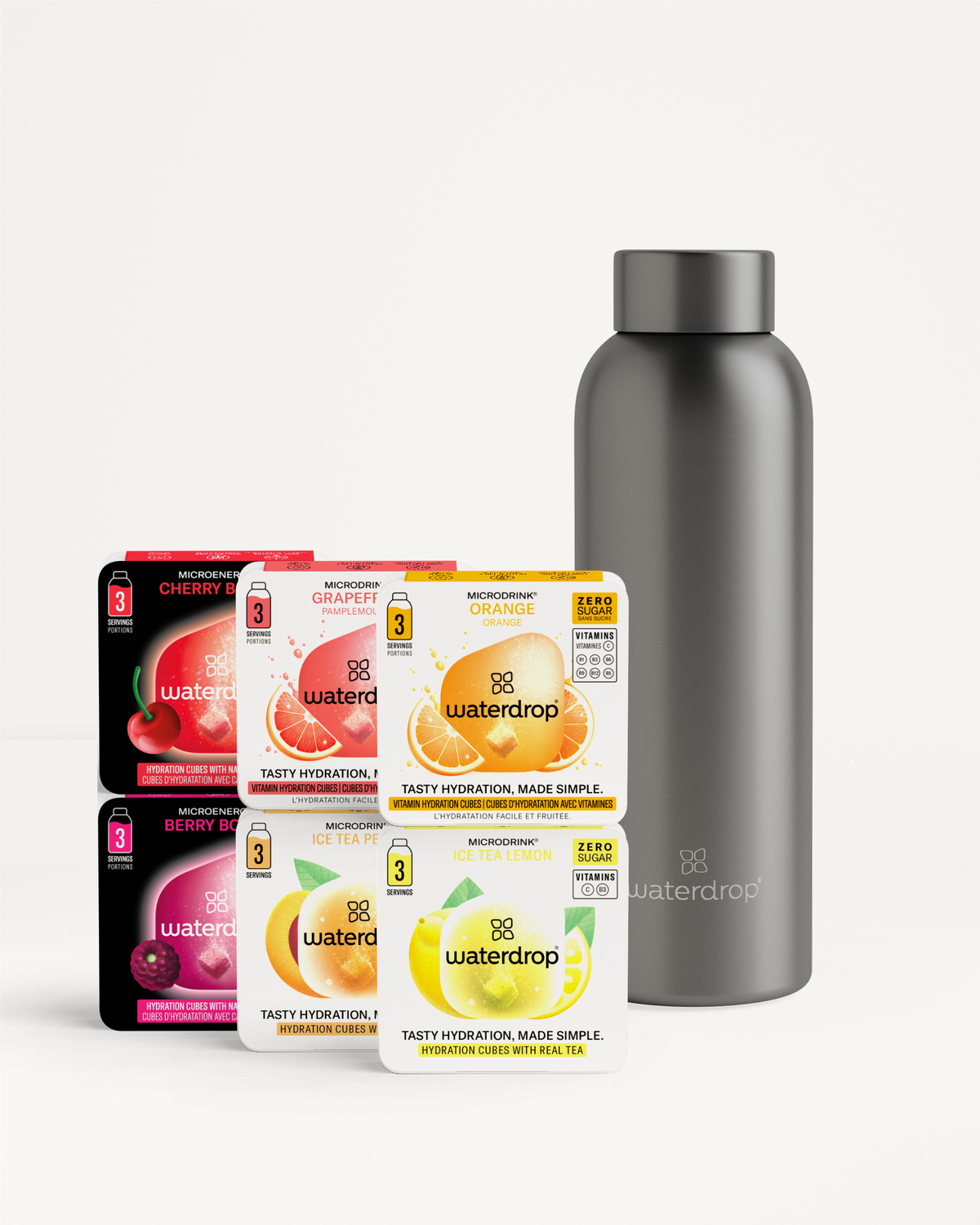 Starter Set Microdrink Thermo Steel with six Microdrink flavors and bottle.