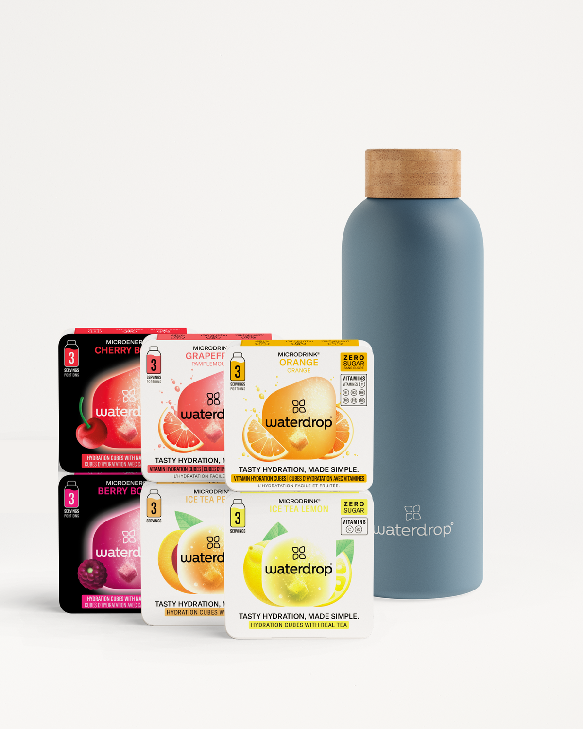 Starter Set Microdrink Thermo Steel with flavor pucks and bottle.