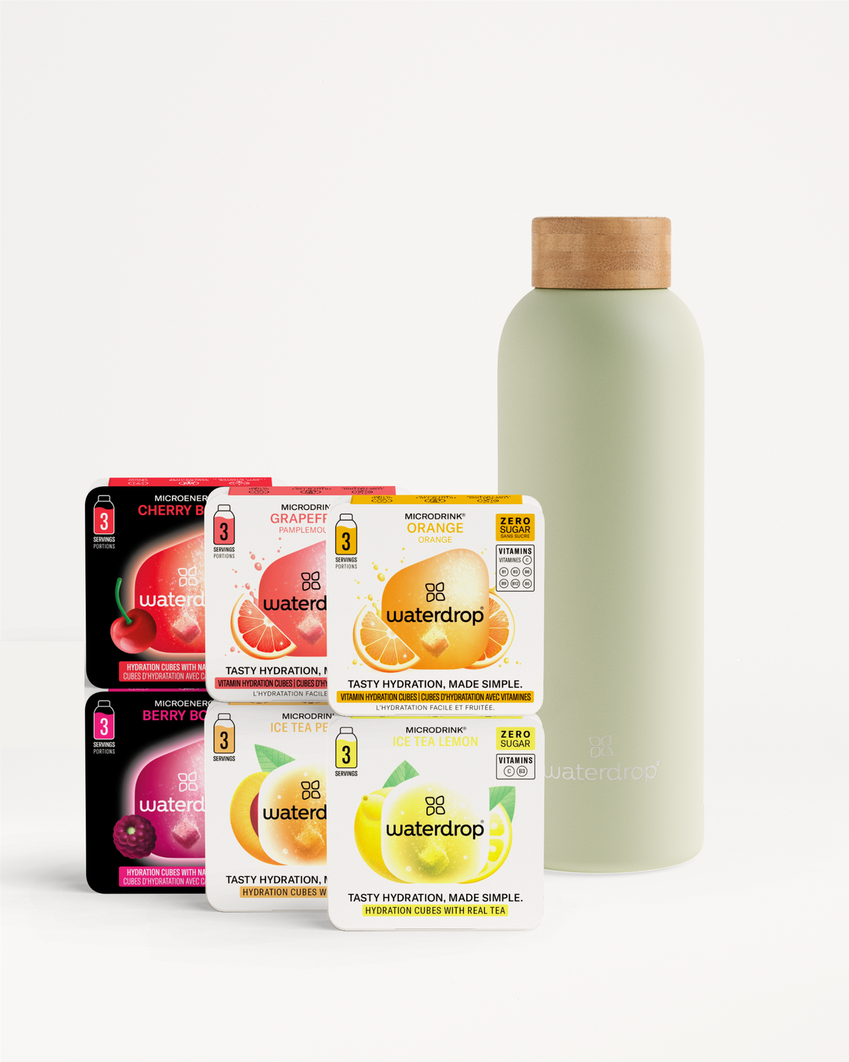Starter Set Microdrink Thermo Steel with hydration cubes and bottle.