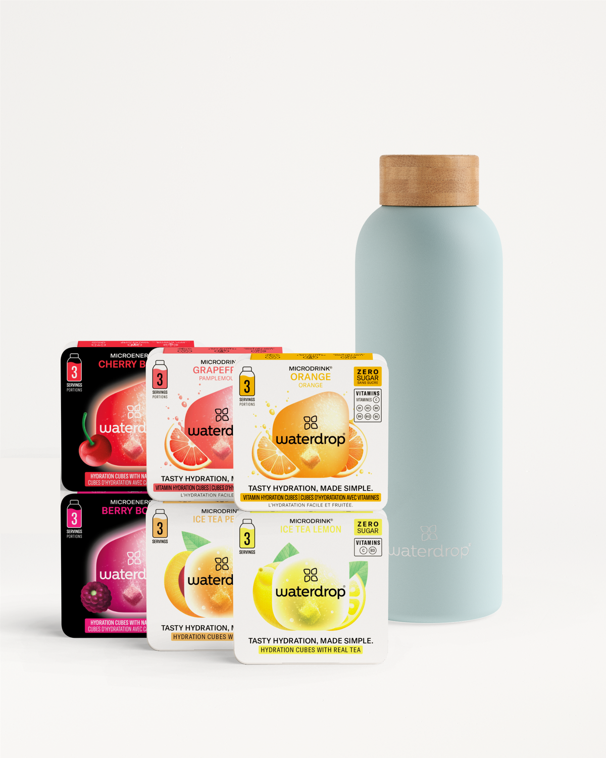 Starter Set Microdrink Thermo Steel with assorted hydration-cube packs.