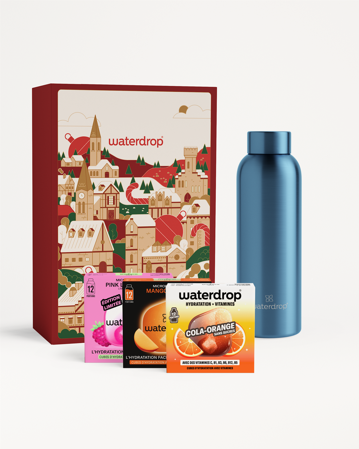 Coffret Cadeau Bouteille en métal with hydration cubes.