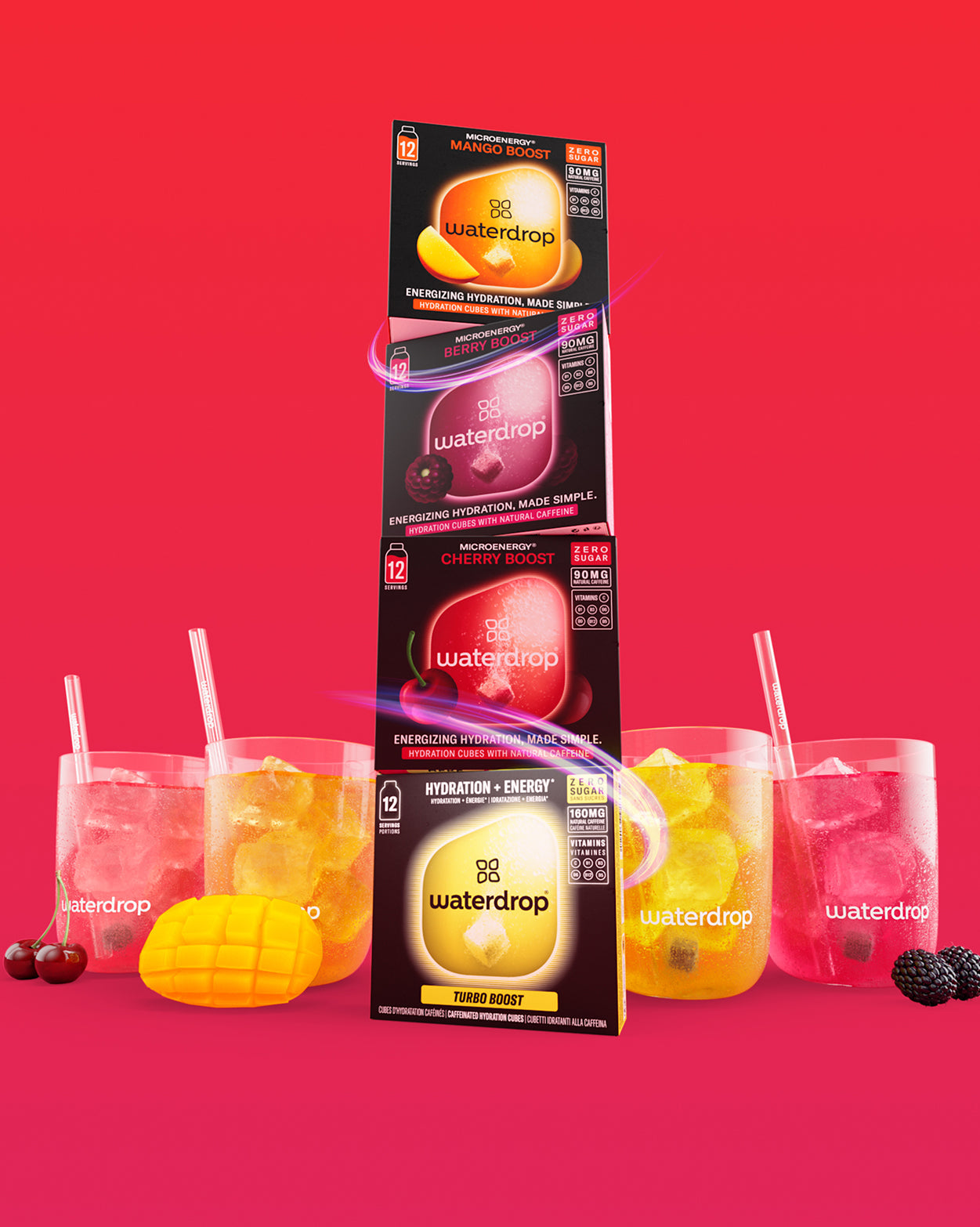 Coffret Boost d’énergie ultime hydration cubes with fruity drinks.