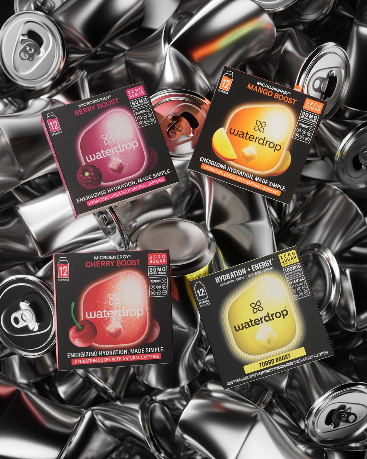 Ultimate Energy Boost Set atop crushed cans.