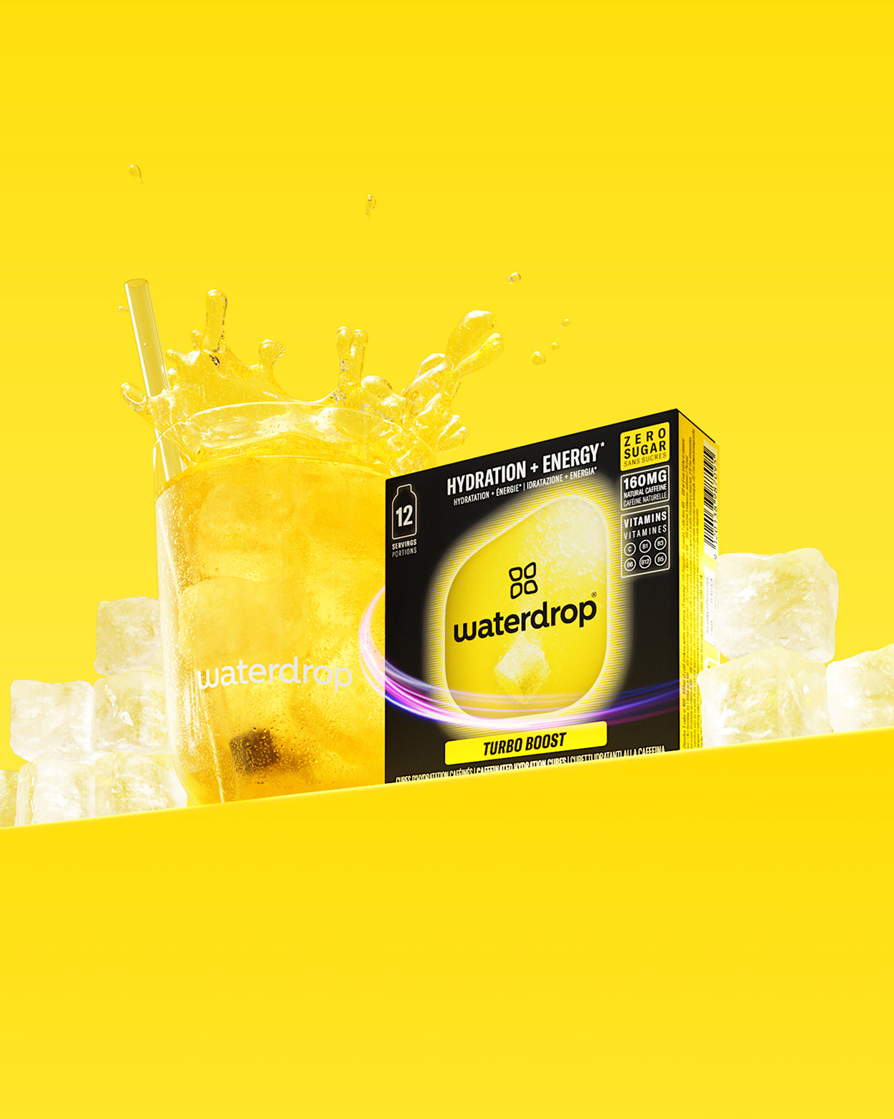 Turbo Boost: Hydration + Energy cubes with iced drink and box.