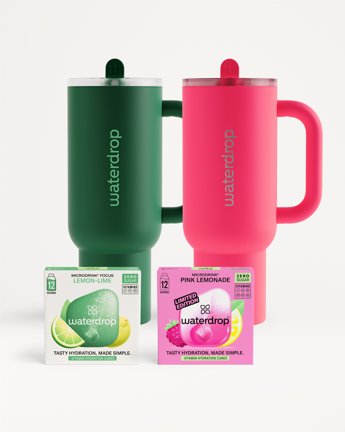 Naughty or Nice Hydration Set: Forest green and hot-pink mugs with vitamin hydration cubes.