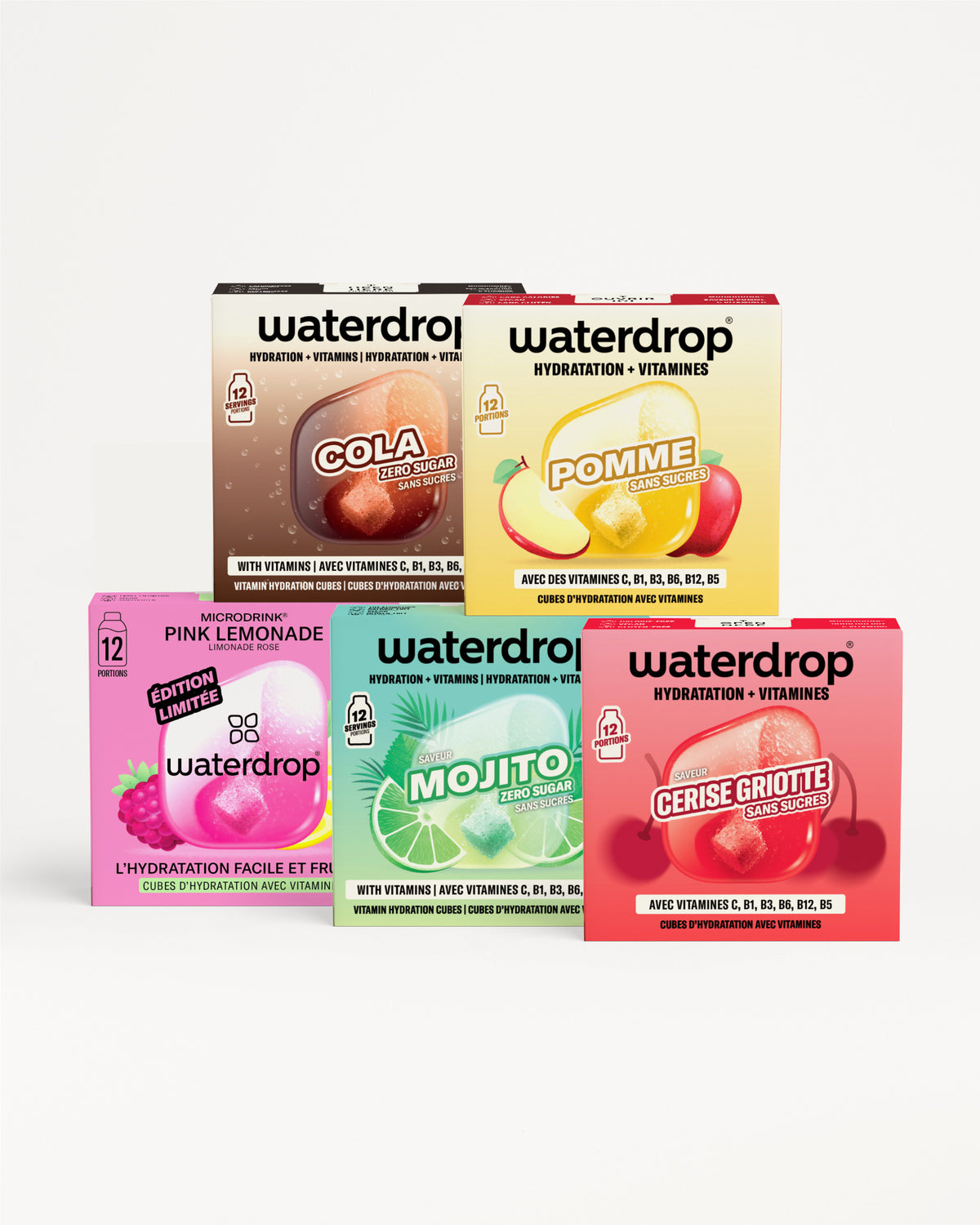 Six boîtes Waterdrop d'hydratation et vitamines disposées en deux rangées.
