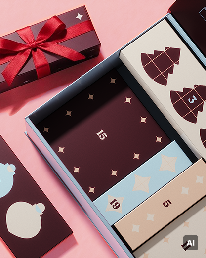 Calendrier de l'Avent ouvert avec plusieurs portes marquées et motifs festifs sur des panneaux pastel, entouré de boîtes-cadeaux sur fond rose.