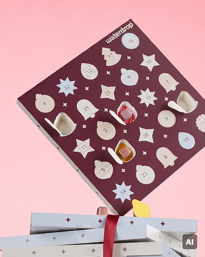 Calendrier de l'Avent avec des portes blanches numérotées sur un carré violet, au-dessus de cadeaux emballés sur fond rose.