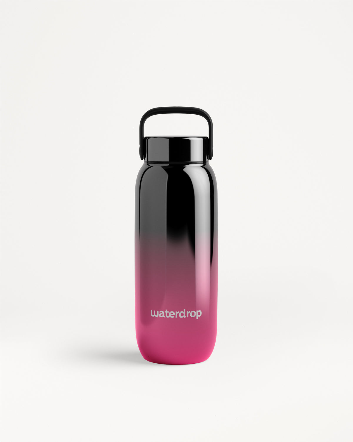 Bouteille d'eau avec dégradé noir vers rose, bouchon noir et anse.