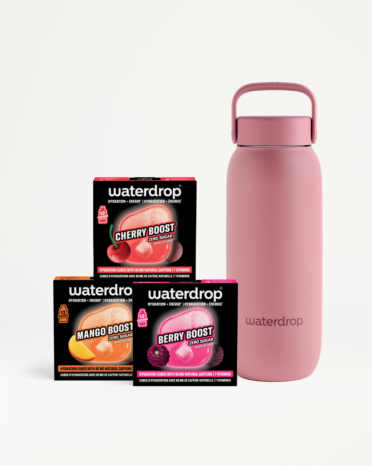 Assortiment de paquets Waterdrop et une bouteille d'eau réutilisable rose.