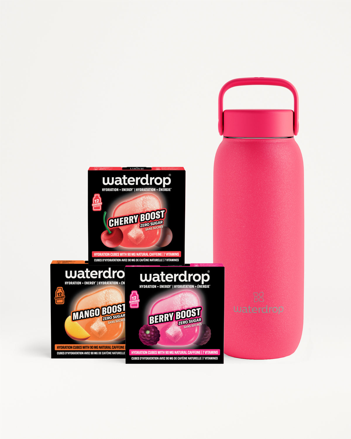 Bouteille en rose réutilisable à côté de trois petites boîtes noires Waterdrop.