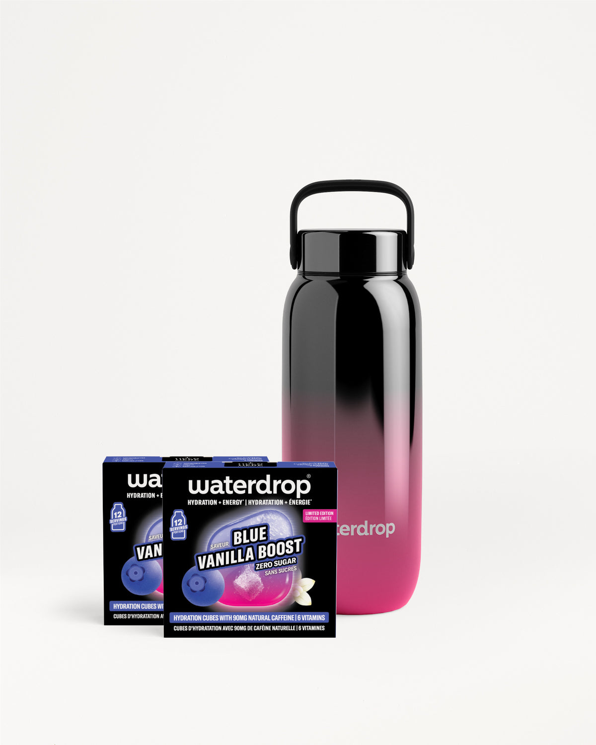 Bouteille réutilisable dégradée noir à rose avec poignée, à côté d’un emballage Waterdrop.